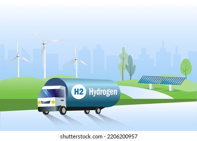 Hydrogen truck on road transport H2 Hydrogen fuel to gas stations. Clean hydrogen energy for renewable fuel, alternative sustainable energy, fuel for future industry