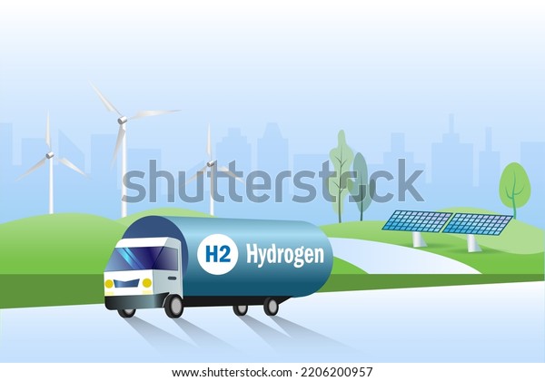 Hydrogen truck on road transport\
H2 Hydrogen fuel to gas stations. Clean hydrogen energy for\
renewable fuel, alternative sustainable energy, fuel for future\
industry