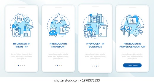 Hydrogen usage onboarding mobile app page screen. Industrial sector sector walkthrough 4 steps graphic instructions with concepts. UI, UX, GUI vector template with linear color illustrations