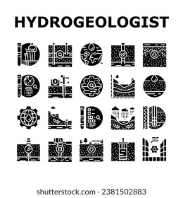 hydrogeologist industrial icons set vector. geology industry, pipe drill, man engineering mining, geologist oil, team, data hydrogeologist industrial glyph pictogram Illustrations svg