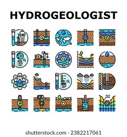 hydrogeologist industrial icons set vector. geology industry, pipe drill, man engineering mining, geologist oil, team, data hydrogeologist industrial color line illustrations svg