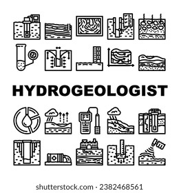 hydrogeologist industrial icons set vector. geology industry, pipe drill, man engineering mining, geologist oil, team, data hydrogeologist industrial black contour illustrations svg