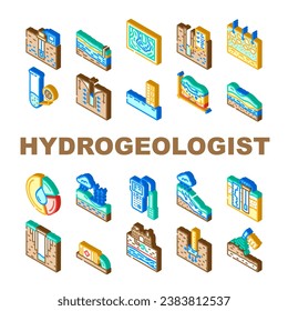 hydrogeologist industrial icons set vector. geology industry, pipe drill, man engineering mining, geologist oil, team, data hydrogeologist industrial isometric sign illustrations svg