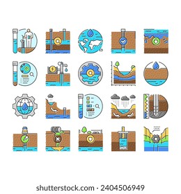 hydrogeologist industrial icons set vector. geology industry, pipe drill, man engineering mining, geologist oil, team, data hydrogeologist industrial color line illustrations svg