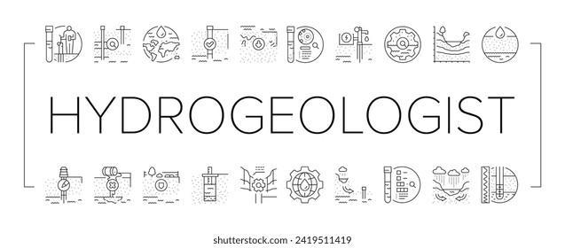 hydrogeologist industrial icons set vector. geology industry, pipe drill, man engineering mining, geologist oil, team, data hydrogeologist industrial black line illustrations svg