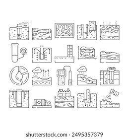 hydrogeologist industrial icons set vector. geology industry, pipe drill, man engineering mining, geologist oil, team, data hydrogeologist industrial black contour illustrations