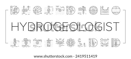 hydrogeologist industrial icons set vector. geology industry, pipe drill, man engineering mining, geologist oil, team, data hydrogeologist industrial black line illustrations [[stock_photo]] © 