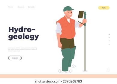Hydrogeology landing page for geology industry online service with hydrogeologist making research