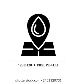 Hydrological map black glyph icon. Water bodies locations. Water system mapping. Cartography. Silhouette symbol on white space. Solid pictogram. Vector isolated illustration. Pixel perfect