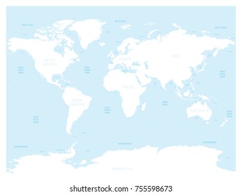Hydrological map of World with labels of oceans, seas, gulfs, bays and straits. Vector map with white lands and blue water.