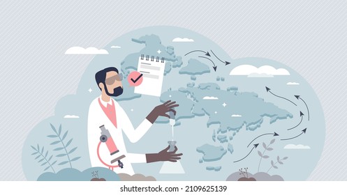 Hydrologist occupation as water movement through earth crust study tiny person concept. Scientific research about ocean stream circulation vector illustration. Observe precipitation impact on flows.