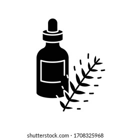 Hydrolyzed wheat protein black glyph icon. Herbal extract in container with droplet. Natural cosmetic product for hair treatment. Silhouette symbol on white space. Vector isolated illustration