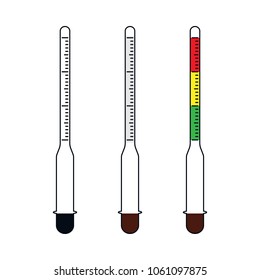 Hydrometer, areometer, densimeter or alcohol meter. vector icon set.