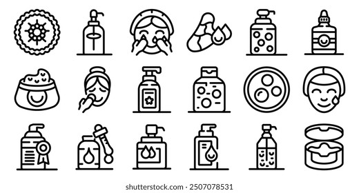 Hydrophilic oil icons set. Beautician applying face cream and other cosmetic products line icons set for apps and websites