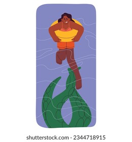 Hydrophobia, phobia of water concept. Scared woman swim on lifebuoy, monster underwater by tentacles touches girl with mental disorder. Psychology of fear, panic adult person. Flat vector illustration