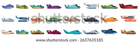 Hydroplane icons set. Various stylized seaplanes displayed in a vibrant array of colors