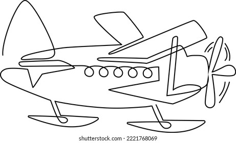 Hydroplane on floats, a device for mobile movement in space by air and water. Continuous line drawing. Vector illustration