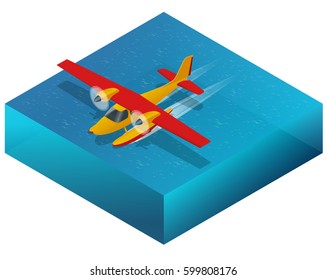 Hydroplane on the water. Flat 3d isometric illustration For infographics, games and design. Air transport for travel and work.