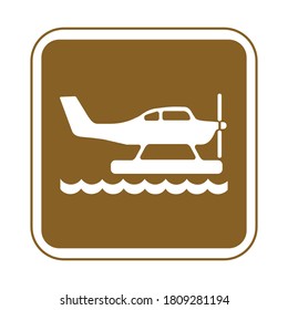 Hydroplane sign. Seaplane symbol on brown rectangular board. Vector illustration of sign for water landing isolated on white background.