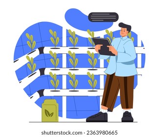 Hydroponic farmer concept. Man with document near plants. Natural and organic products. Farming and agriculture. Production of food, vegetables. Cartoon flat vector illustration