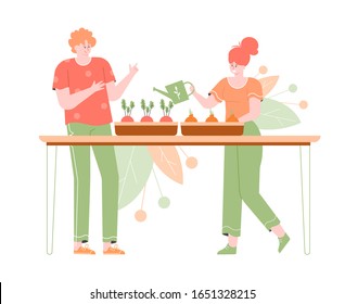 Hydroponic garden. Gardering at home. Couple grows vegetables at home. Girl pours onion. Fresh food, eco fresh live. Flat vector illustration with characters.