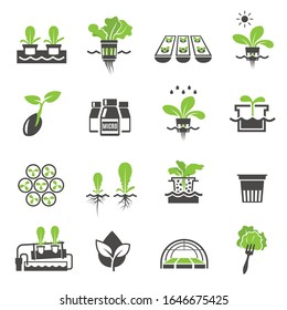 Hydroponic gardening systems, plants growing in pots, eco-friendly organic farming technology, mineral fertilizers. Collection of flat icons, symbols or pictograms. Modern vector illustration.