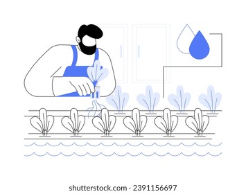 Hydroponic greens farm abstract concept vector illustration. Farmer growing leafy greens using mineral nutrients, agriculture industry, processing-manufacturing sector abstract metaphor.