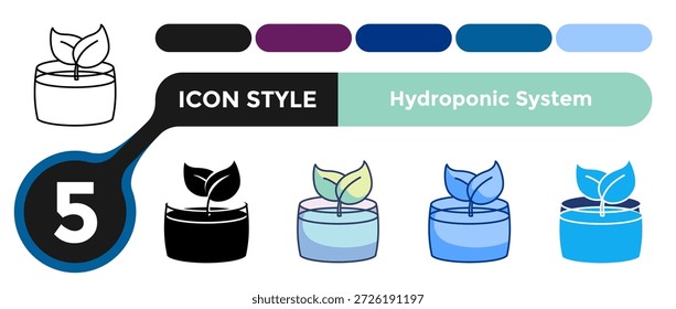 Hydroponic System icon represents soil free growing methods for modern food production visuals. Line, Filled, Color style.