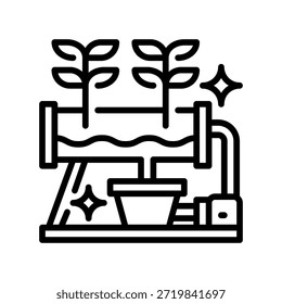 Ícone de Linha do Sistema Hidropônico, Símbolo de Contorno para Agricultura Sem Solo, Entrega de Nutrientes, Crescimento de Água, Jardinagem Interna e Cultivo de Plantas. Ícone de sinal vetorial.