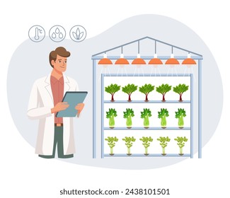 Tecnología hidropónica para el cultivo de plantas. Científico o biólogo en la granja hidropónica. Agricultura vertical. Granja inteligente. Ilustración, vector