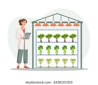 Hydroponic technology for growing plants. Scientist or biologist at hydroponic farm. Vertical farming. Smart farm. Illustration, vector