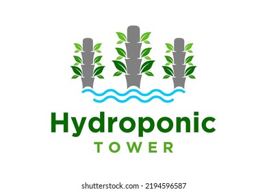 Hydroponic tower logo design farming fresh organic plantation indoor farm agricultural water plant