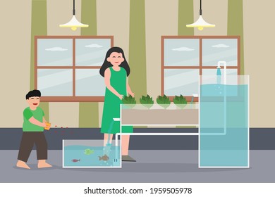 Hydroponic vector concept. Happy mother checking hydroponic vegetable plant while his son feeding fish in the aquarium