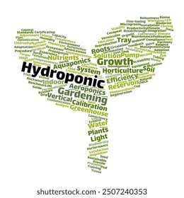 Hydroponic Word Cloud. Composition of Words Related to Key Terms for Sustainable Gardening. Featuring Hydroponics Terminology. Isolated White Background.