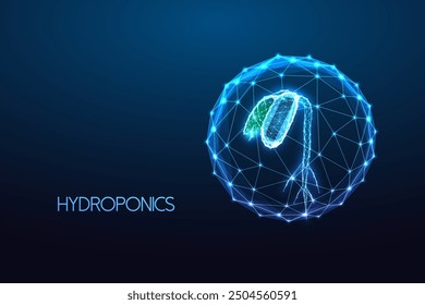 Hydroponics abstract concept with sprout inside water bubble on dark blue background. Sustainable agriculture, innovative plant growth, modern, eco-friendly farming technology. Vector illustration.