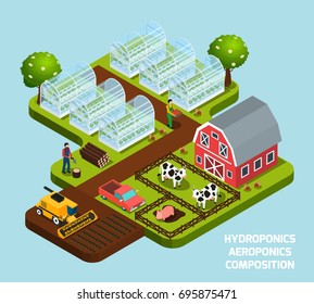 Hydroponics And Aeroponics Isometric Composition With Farming And Harvest Symbols  Vector Illustration