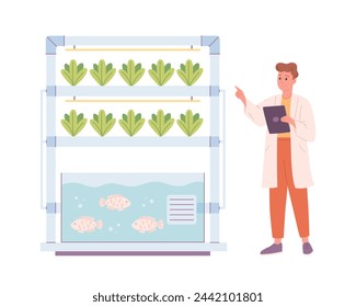Hydroponics and aquaponics technology for plants growing. Vertical farming. Biologist grows plants. Smart farm. Vector illustration in flat style