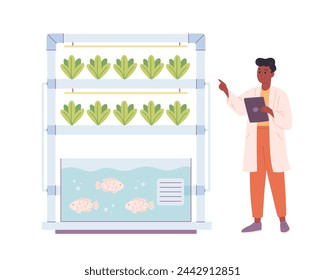 Hydroponics and aquaponics technology for plants growing. Vertical farming. Biologist grows plants. Smart farm. Vector illustration in flat style