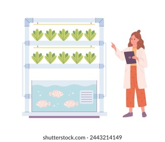 Hydroponics and aquaponics technology for plants growing. Vertical farming. Biologist grows plants. Smart farm. Vector illustration in flat style