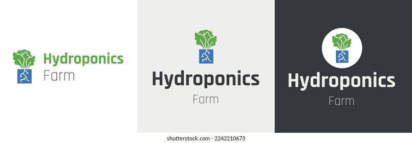 Hydroponics farm logo design set, nutriculture symbol, microgreens tray emblem concept, aquaculture editable commercial logotype, tank farming branding, isolated on background