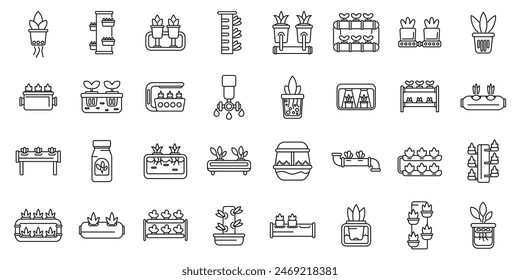 Hydroponics icons set vector. A collection of plant-related icons, including a watering can, a potted plant, and a greenhouse