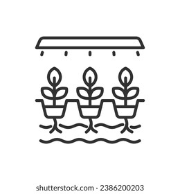 Hydroponics, linear icon. Plants grow in artificial conditions without soil, feeding on a nutrient solution. Line with editable stroke