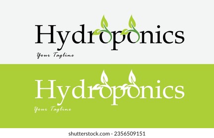 El logo "Hidroponics" combina elegantemente la tipografía moderna con una paleta de colores verdes, simbolizando una agricultura innovadora y sostenible