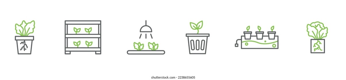 Hydroponics modern line icon set, soilless tank farming concept, nutriculture flat style vector icons, tray agriculture emblems, vegetable aquaculture symbols isolated on white background