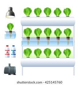 Hydroponics system icon set with equipment and necessary tools for plants cultivation vector illustration