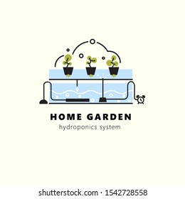 Hydroponics System. Vector Illustration In Outline Style. Home Garden.