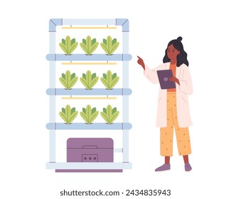Hydroponics technology for plants growing. Vertical farming. Scientist or biologist grows plants in hydroponic farm. Smart farm. Vector illustration in flat style
