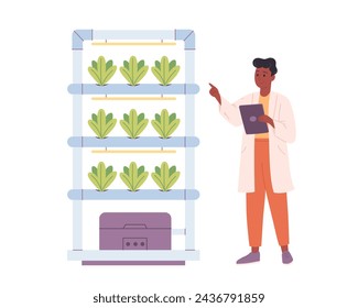 Hydroponics technology for plants growing. Vertical farming. Scientist or biologist grows plants in hydroponic farm. Smart farm. Vector illustration in flat style