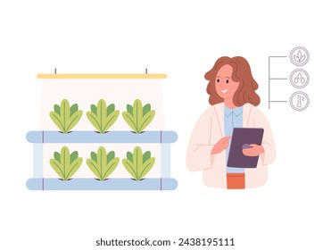 Hydroponics technology for plants growing. Vertical farming. Scientist or biologist grows plants in hydroponic farm. Smart farm. Vector illustration in flat style