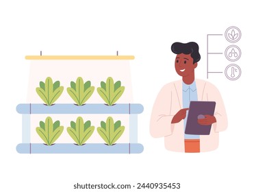 Hydroponik-Technologie für das Pflanzenwachstum. Vertikale Landwirtschaft. Wissenschaftler oder Biologe baut Pflanzen in Hydrokultur an. Intelligente Farm. Vektor-Illustration im flachen Stil